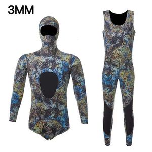 Roupas de mergulho seca camuflagem de fissão de manga longa com capuz 2 peças de 1,53 mm de traje submersível para homens mantém o traje de mergulho à prova d'água quente 230320