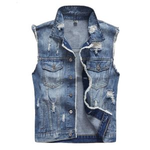 Men's Vests Men Ripped Denim Waistcoats Jackets Light Blue Holes Coats Fashion Male Cotton Slim Jeans 5XL 230320