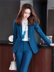 Women's Suits Blazers Spring Twopiece Set Pants Suit Blue Elegant Blazer Jacket Clothing Business Coat 2 Piece Sets Female Trouser 230321