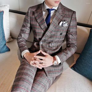 Men's Suits 2023 Autumn Men Double Breasted Suit Stylish Wedding Smoking Mariage Homme Three Piece Mens Plaid Prom Stage Wear Q666