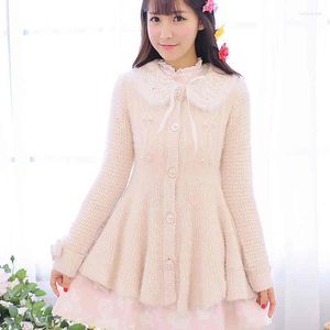 Casual Dresses Japan Style Liz Empire midja päls broderi spets krage cardigan stickad tröja kappa typ av klänning