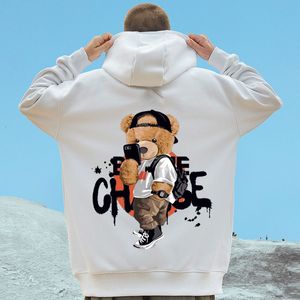 Men's Jackets Funny Selfie Bear Print Fleece Graphic Hoodies For Men Hip Hop Streetwear Loose Oversized Hooded Sweatshirt Casual Y2K Clothes 230321