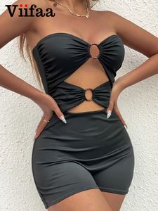 Kvinnors jumpsuits rompers viifaa stropplösa sexiga klipp ut oring detalj romper party club outfits för kvinnor sommar svart solid bodycon playsuit 230321