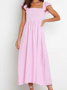 Abiti casual Merodi Donna Elegante Scollo a barchetta Vita alta Abito lungo rosa Ragazza primaverile Stampa a righe Cinturino senza maniche Elastico Dres