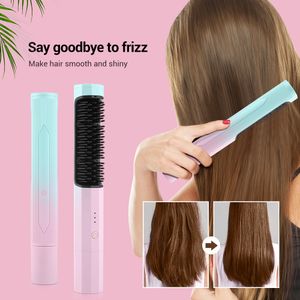 Hair Straighteners Wireless Hair Straightening Brush Heating Comb Portable Flat Iron Usb Rechargeable Hair Curler Straightener Comb Curling Brush 230320