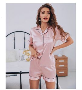 Kvinnors sömnkläder Kvinnor Silk Satin Pyjamas Set Short Sleeve Two-Piece PJ Set Sleepwear Loungewear Button-Down 230321