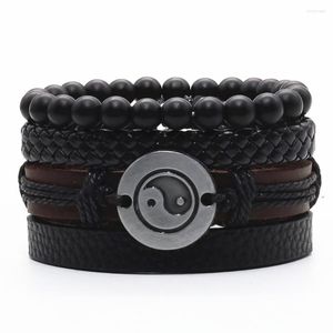 Braccialetti con ciondoli 4 Pz / set Perline in pietra di legno Rivetti Piuma d'acero Chitarra Tai Chi Pelle Uomo Donna Homme Femme Gioielli maschili