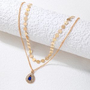 Luxury Water Drop Blue Crystal Stone Pendant Necklace For Women Gold Color Wafer clavicle chain bröllop smycken
