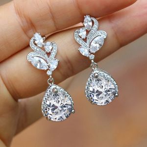 Flower AAAAA Zircon Dangle Earring White Gold Filled Party Wedding Drop Earrings for Women Bridal Engagment Promise Jewelry Gift