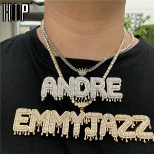 Pingente colares hip hop nome personalizado zircão cúbico coroa gotejamento gelado para fora bolha letras pingentes de corrente para homens jóias cubano tênis