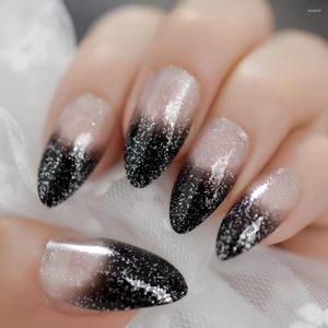 False Nails Black Ombre French Sharp Ending Acrylic Nail Tips Glitter Gel Cover Gradient Pointed With Adhesive Tabs