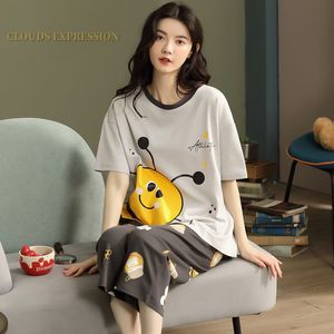 Women's Sleepwear Summer Knitted Cotton Cartoon Pajamas Sets Women Pyjamas Sleepwear Nightwear Pijama Mujer Plus Size Calf-Length Pants Homewear 230321