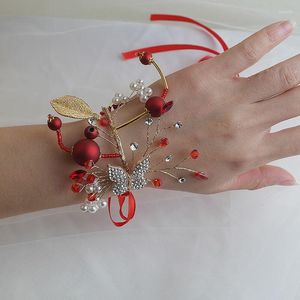 Bangle Romantic Bridal Wrist Hand Flowers Pearl Butterfly Pattern Bridesmaid Corsage Bracelet Wedding Accessories