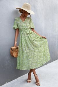 Sukienki swobodne 2023 Summer Women V-Neck Cross Polka Dot Floral Dress Sukienkę Długa moda boho pullover high talia maxi szata