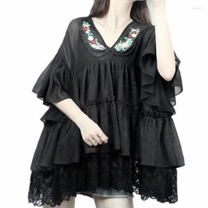 Damenblusen Frühling Sommer Frauen Nationaler Trend Mori Kei Mädchen Süße Girly Blumenstickerei Spitze Patchwork Lose Schwarz Chiffon