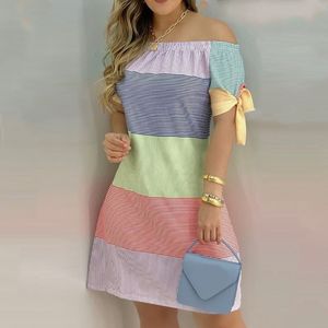 Casual Dresses Frauen Schulterfrei Sommer Minikleid Sexy Kurzarm Fliege Gestreift Plaid Blumendruck A-Linie Party Kurze Kleider Vestidos 230321