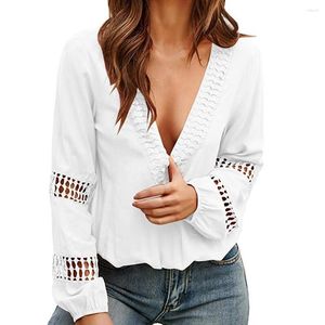 Women's Blouses 2023 Sexy Backless Blouse Fashion Women's Lace Patchwork V Neck Hollow Out Long Sleeve Tops Crop Shirt Solid Color