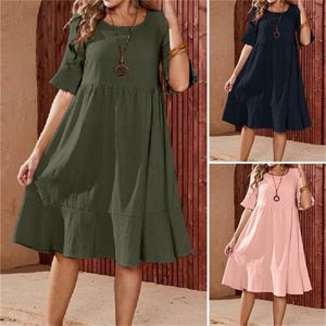 Vestidos casuais mulheres vestidos de moda de verão feminino halve flare manga o pescoço de cor sólida linho de algodão médio longa um vestido de linha 2303321