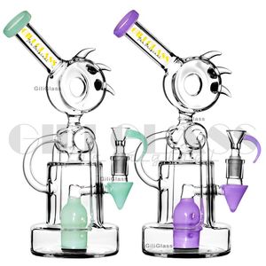 Bongos de vidro de 11 polegadas Recycler Bongo exclusivo verde lateral roxo cachimbo de água tubos de água chuveiro percolator pecolator dab plataformas de 14 mm com tigela