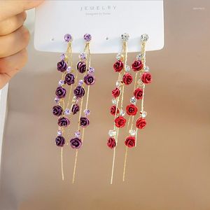 Stud Earrings Korean Elegant Purple Flower Crystal Tassel Long Drop Rose For Women Temperament Oorbellen Party Jewelry