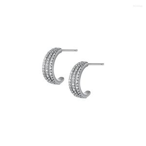 Stud Earrings REAL. 925 Sterling Silver Jewelry Mini CZ Set 4A Half Circle Three-Rows Hollow Line Climber Ear C-G9187