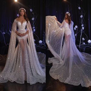 Illusion İnciler Denizkızı Gelinlik Zarif v Boyun Gelin Gowns Özel Yapım Seksi Düğmeler Elbise Vestido de Novia