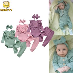 Giyim Setleri Bebek Yenidoğan Bebek Kız Bahar Sonbahar Şahit Katı Giysiler Setleri Ruffles Uzun Kollu Bodysuits Pantolon Kafa Bandı 3 PCS Kıyafetleri Z0321