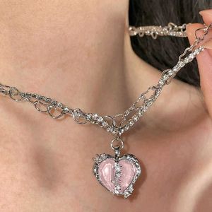 Pendanthalsband Jwer Luxury Peach Heart Pendant Necklace Pink Crystal Sweet Cool Clavicle Chain Cz Zircon Choker Eesthetic Jewelry Y2K Gifts Z0321