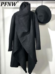 Misto lana da uomo PFNW Punk Darkwear Style Cappotto di stoffa Dolcevita nero Abbottonatura inclinata Soprabito asimmetrico Tendenza autunnale maschile 12A1591 230320