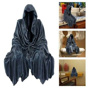 Decorative Objects Figurines Black Grim Reaper Statue Thrilling Black Robe Nightcrawler Resin Garden Horror Ghost Sculpture Desk Decoration 230321