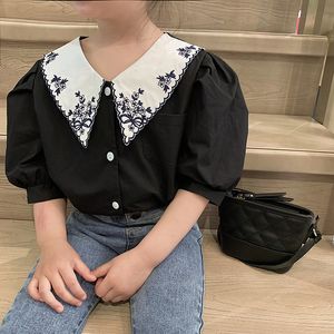 Kids Shirts Baby Girl Shirt Spring Summer Girls Blouse Tops Embroidered Turn-Collar Shirt Fashion Floral Children Girls Shirt 1-7Y DT069 230321