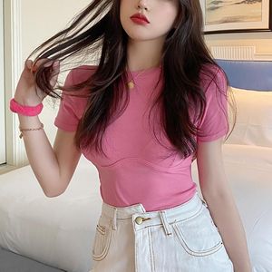 Women's T Shirts Ladies Short Sleeve O Neck Sexy Crop Top Women Summer 2023 Basic Fashion Simple Stretch T-shirts Pink White