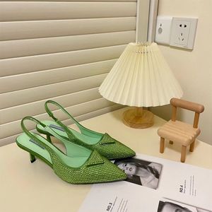 with box Designer women Dress Shoes Satin slingback pumps with Crystals 6.0cm High-Heeled Green black beige fashion womens party womens wedding shoe EUR 34-40