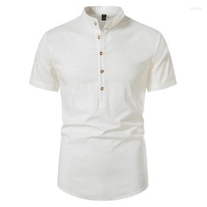 Men's Casual Shirts 2023 Men's Short Sleeve Shirt Linen Button Stand Collar Daily Business Comfortable Slim Fit Summer Solid T-Shirt