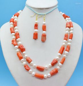 Necklace Earrings Set 2 Rows Of Natural Orange Irregular Coral. Pearl And Earrings. Glamour Bridal Wedding Jewelry Set. 20-24"