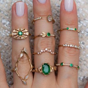 S3525 Fashion Jewelry Knuckle Ring Set Gold Green Rhinestone Stacking Rings Midi Rings Sets 9pcs/set