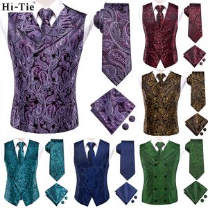 Gilet da uomo Hi-Tie Borgogna Viola Paisley Seta Gilet da uomo sottile Cravatta Set per abito da sposa 4 pezzi Gilet Cravatta Hanky Gemelli Set 230321