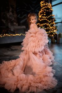 Pink Flower Girl Photoshoot Småbarn för bröllopstävlingsklänning Baby Prom Tulle Ruffles Julklänningar Födelsedagsfest Första nattvarden Långärmar