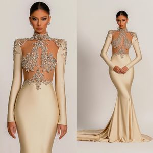 Champagne Beading Mermaid Evening Dresses High Neck Long Sleeve Crystal Prom Gowns Formal Party Birthday Dress for Women