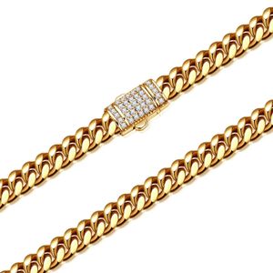 Golden Cuban Chain 6-10mm Titanium Steel rostfritt stål Mikroklastisk vit diamantkapitalhalsband