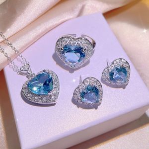 Damen Bling Blauer Stein Kristall Diamant Ohrstecker Halskette Ringe Schöner Glänzender Zirkon OL Designer Ohrring Liebe Herz Ohrring Ohrringe Schmuck