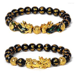 Strang 10 mm Feng Shui Perlen Armband Männer Pi Yao Drache handgeschnitzt schwarzes Amulett Frauen Pixiu Reichtum Glücksschmuck