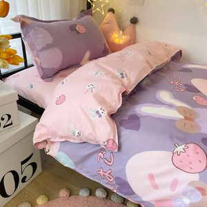 Bettwäsche-Sets Kawaii Kaninchen bedrucktes Leinen Blumen Bettbezug Kissenbezug Set Blatt Quilt Single Queen King Size 230321