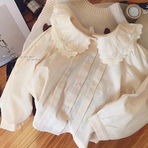 Barnskjortor Spring 100% Cotton Solid Lace White Blue Summer Rands Shirt Korean Baby Long Sleeve Tops Cute Shirts School Girls Bluses 230321