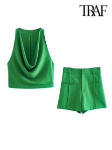 Women's Tracksuits TRAF Women Fashion With Flowy Neck Crop Blouses And High Waist Zipper Fly Shorts Female Two Piece Sets Mujer P230307