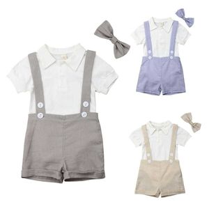 Clothing Sets 2 Pcs Infant Newborn Baby Boys Gentleman Suit Stand Collar Short Sleeve Solid Color Romper Button Suspender Trousers Bow Tie Z0321