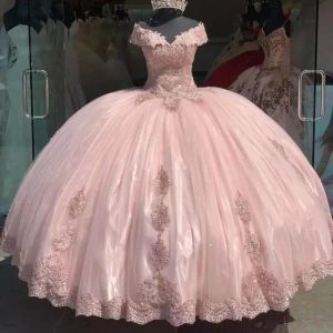 2023 Pink Quinceanera Dresses Lace Applique Off The Shoulder Straps Beaded Floor Length Tulle Corset Back Sweet 16 Party Prom Ball Evening Vestidos 401 401