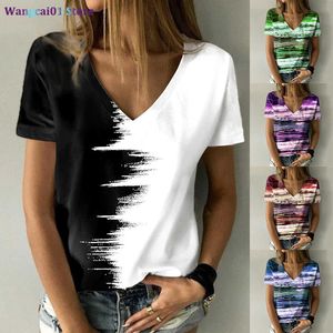 Wangcai01 T-shirt feminina Moda feminina Bloco de cores feminina Tirador de pintura de pintura de pintura de impressão solta verão V Pescoço Tops básicos / camisa de impressão 3D XS-8XL 0321H23