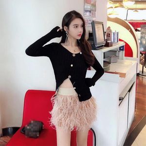 Saias Mini Short for Women Fluffy Pink Black Black Avestruz Feather Fur Clothing S83Skirts
