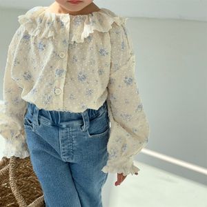 Kids Shirts 5016B Korean Children Clothes Girl's Shirt Spring Lace Lapel Broken Flower Girl's Shirt Cotton Jacquard Blouse Tops 230321